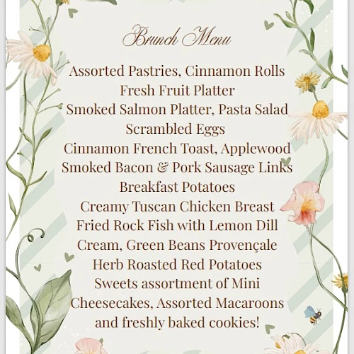 Brunch menu with pastries, rolls, fruit, smoked salmon, and more; plus macaroons and cookies on floral background.